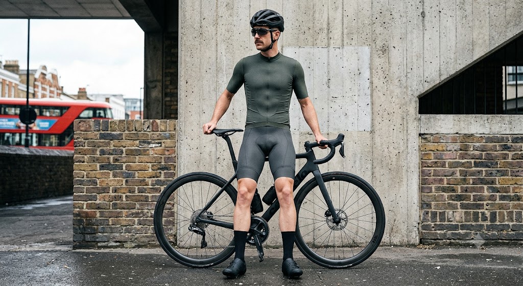 A male cyclist in minimalist, aerodynamic dark green and charcoal performance cycling kit on a modern road bike, standing against an urban brutalist concrete and brick architectural wall in London.